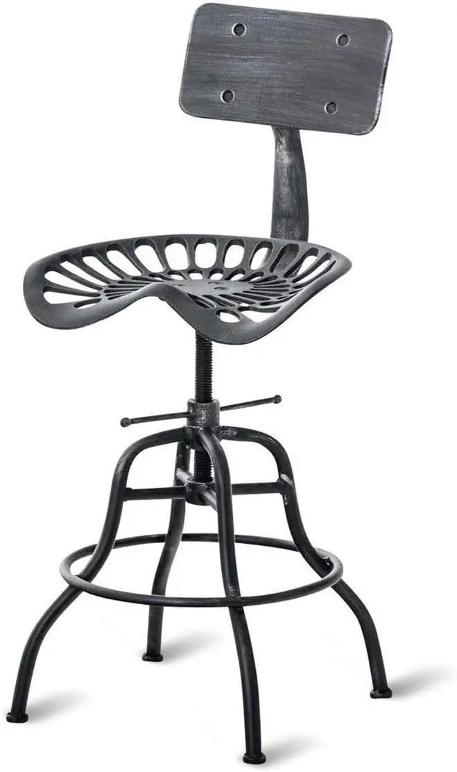 

Industrial Bar Stool - Farmhouse Chair With Adjustable Counter Height Backrest - Metal Stool, 22-27 H, Silver