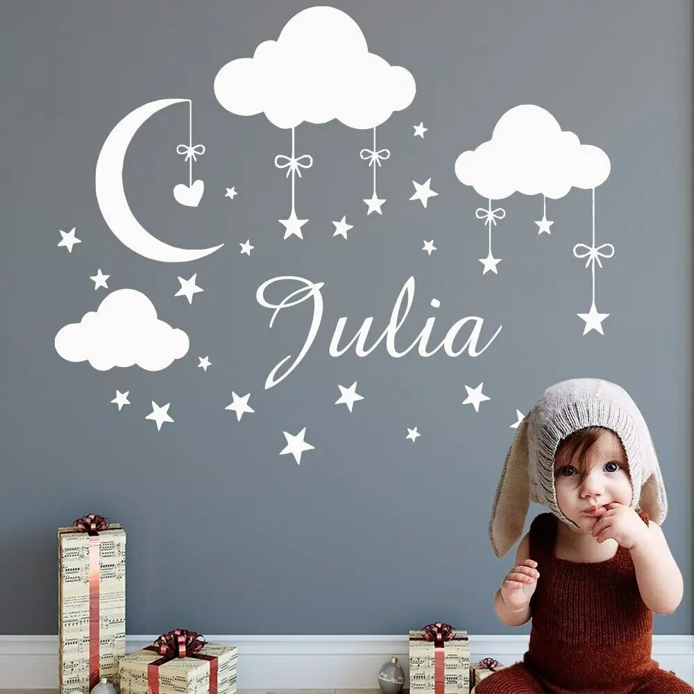 Custom Name Clouds Moon Stars Wall Sticker Vinyl Art Decals for Kids Babys Room Decoration Girls Bedroom Decor Mural