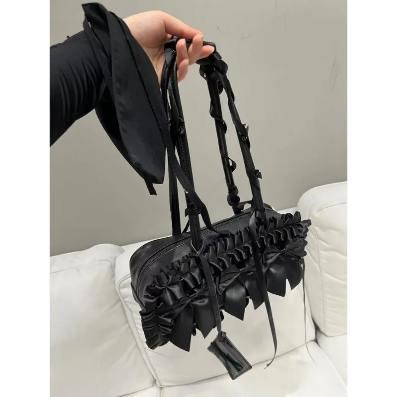 Y2k Punk Gothic Handbag PU Leather Wrinkled Lotus Edge Bow Tote Bag Niche Design Shoulder Bag Korean Fashion Women's Bag