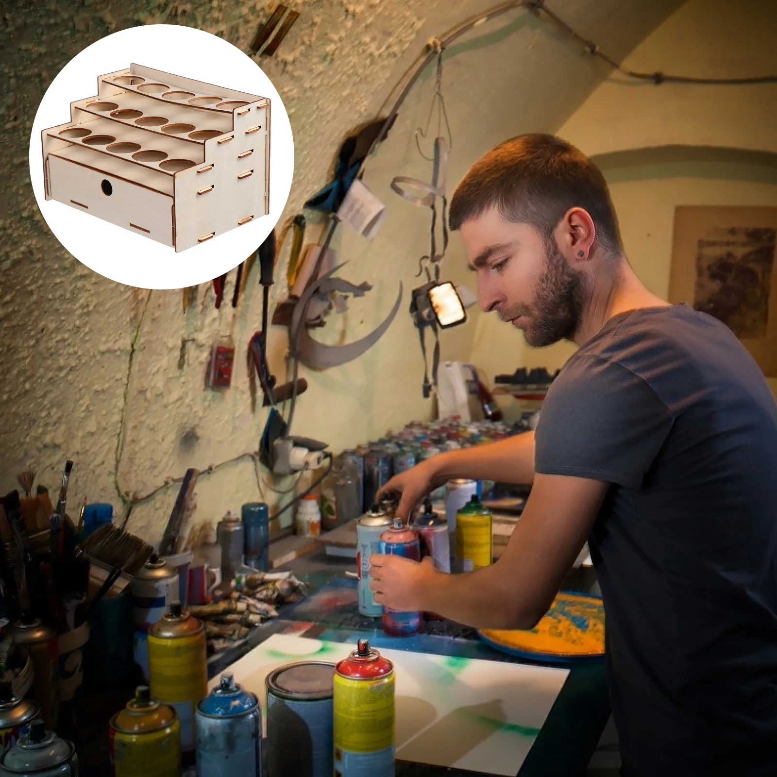 

Wooden Paint Tube Organizer Rack Double Layer Storage Display Stand For Oil Acrylic Tubes Brushes Tools Natural Lightweight