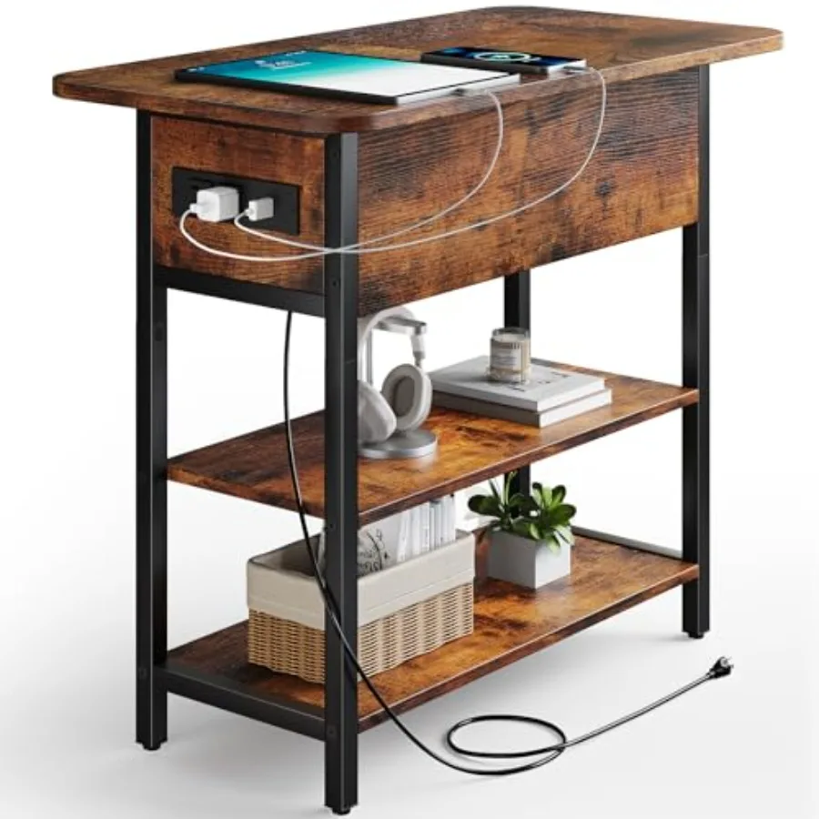 

Flip Top End Table with Charging Station USB Ports and Outlets Narrow Nightstand with Storage Shelves for Living Room Bedroom S