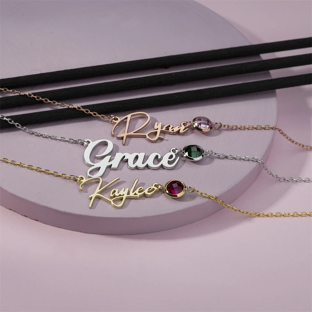 

Колье с именем на заказ и камнем, персонализированные именные ожерелья для женщин, подарок на день матери