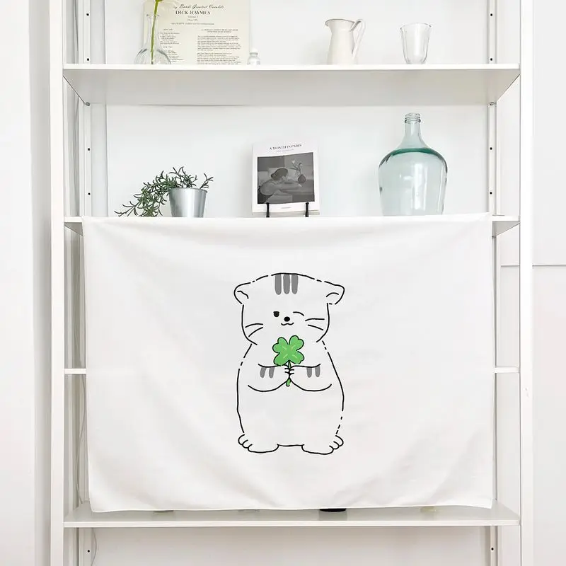 Korean Door Curtain, Cartoon Cat Clover Half Curtain, Privacy Room Divider For Kitchen Entryway, Aesthetic Home Decor