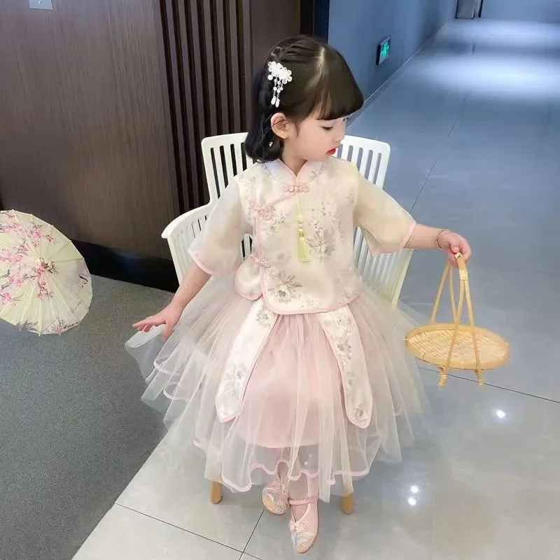 Chinese Traditional Pink Green Hanfu Dress for Girls Satin Floral Print Short Sleeve Top Mesh Double Layer Skirt Children Hanfu