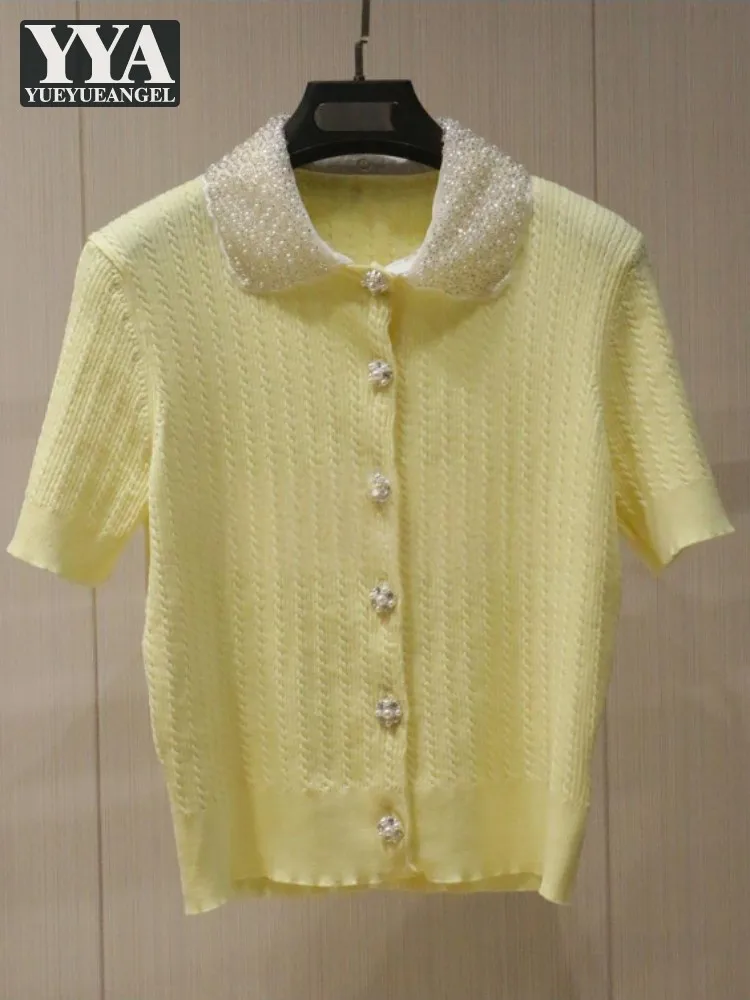 Hot Sale Summer New Style Womens Short Sleeved Knitted T-Shirts Sweet Thin Tops Pearl Doll Collar Casual Single Breasted Tees