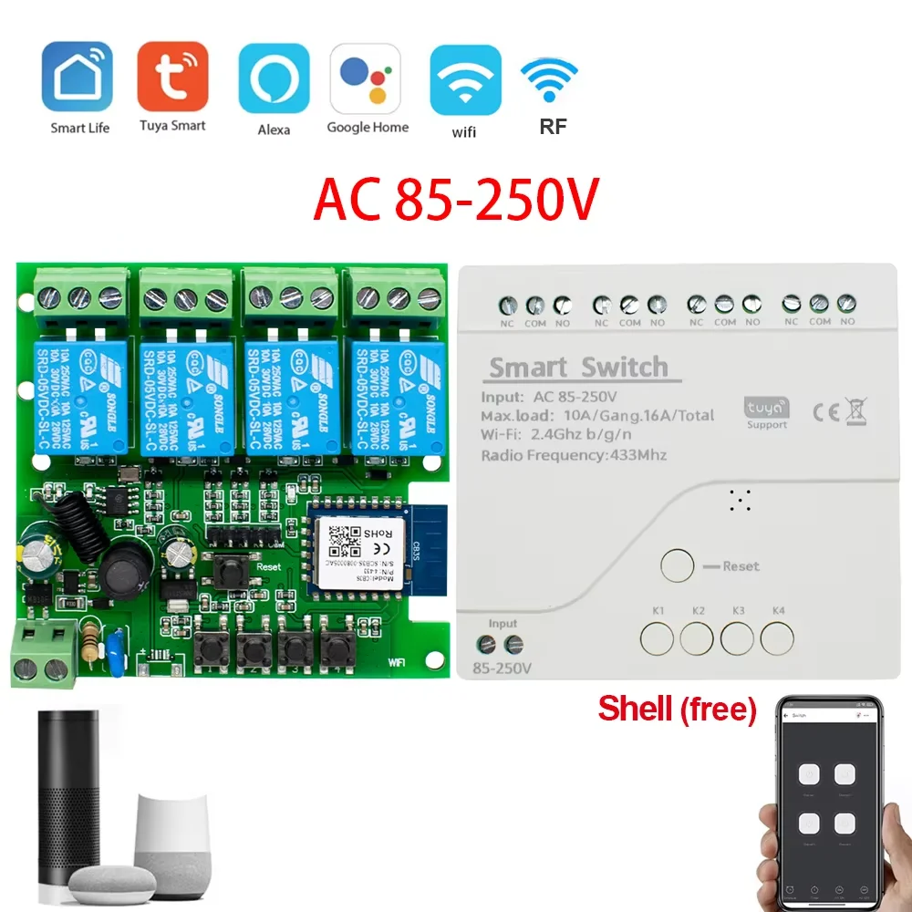 Tuya Smart Switch 4 Channel Wifi Relay Rolling Door Switch DC AC 12V 24V 32V 220v Motor Curtain Switch Inching Self-locking