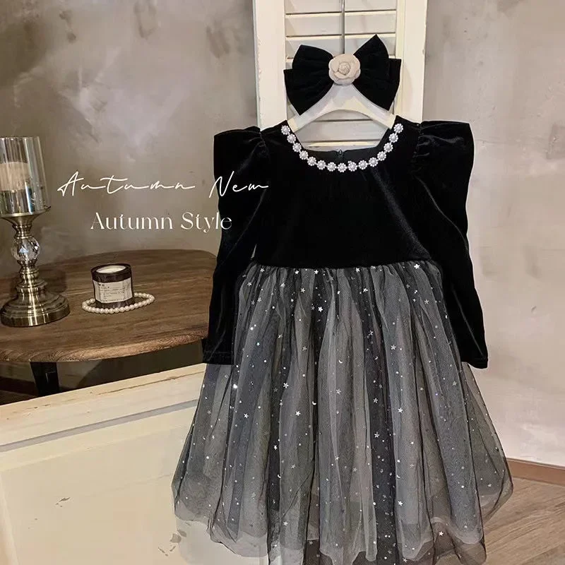 Spring Autumn New Children's Little Black Dress Temperament Long Sleeve Super Fairy Princess Dress 5370 Girls Dress