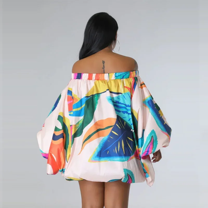 KEXU Fashion Stretch Hem Off Shoulder Slash Neck Lantern Long Sleeve Printed Ball Gown Smock Dress Vintage Women Summer Vestidos