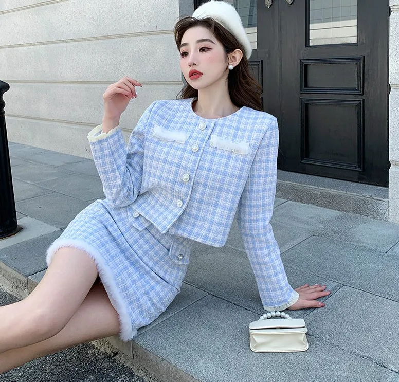 Women Spring Fashion Small Fragrance Elegant 2 Piece Set Blue Plaid Tweed Long Sleeve Short Coat + Bodycon Mini Skirts Suit