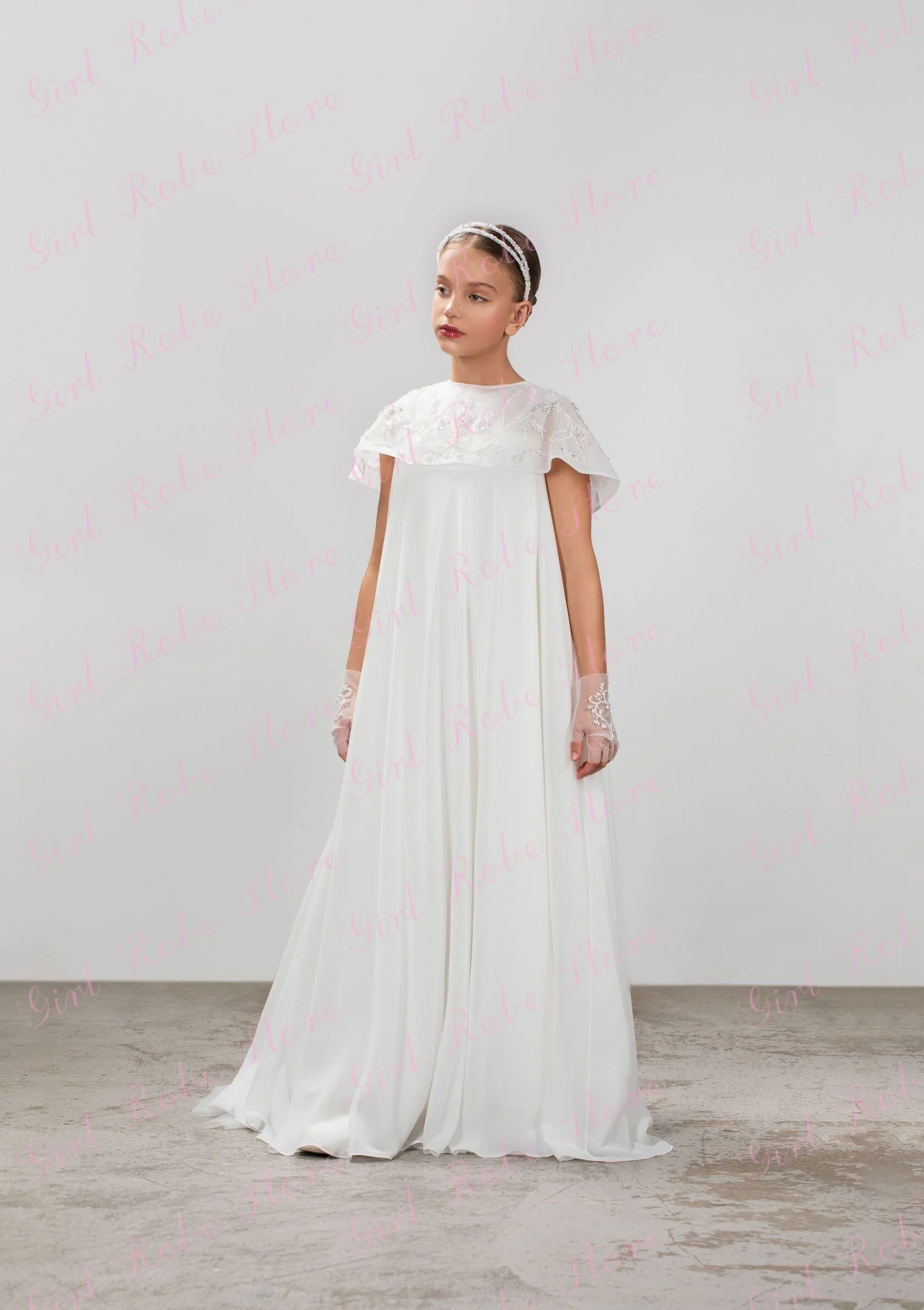 White Chiffon Flower Girl Dress For Wedding Appliques Beading Cape Top Elegant Princess Bridesmaid Communion Birthday Party Gown