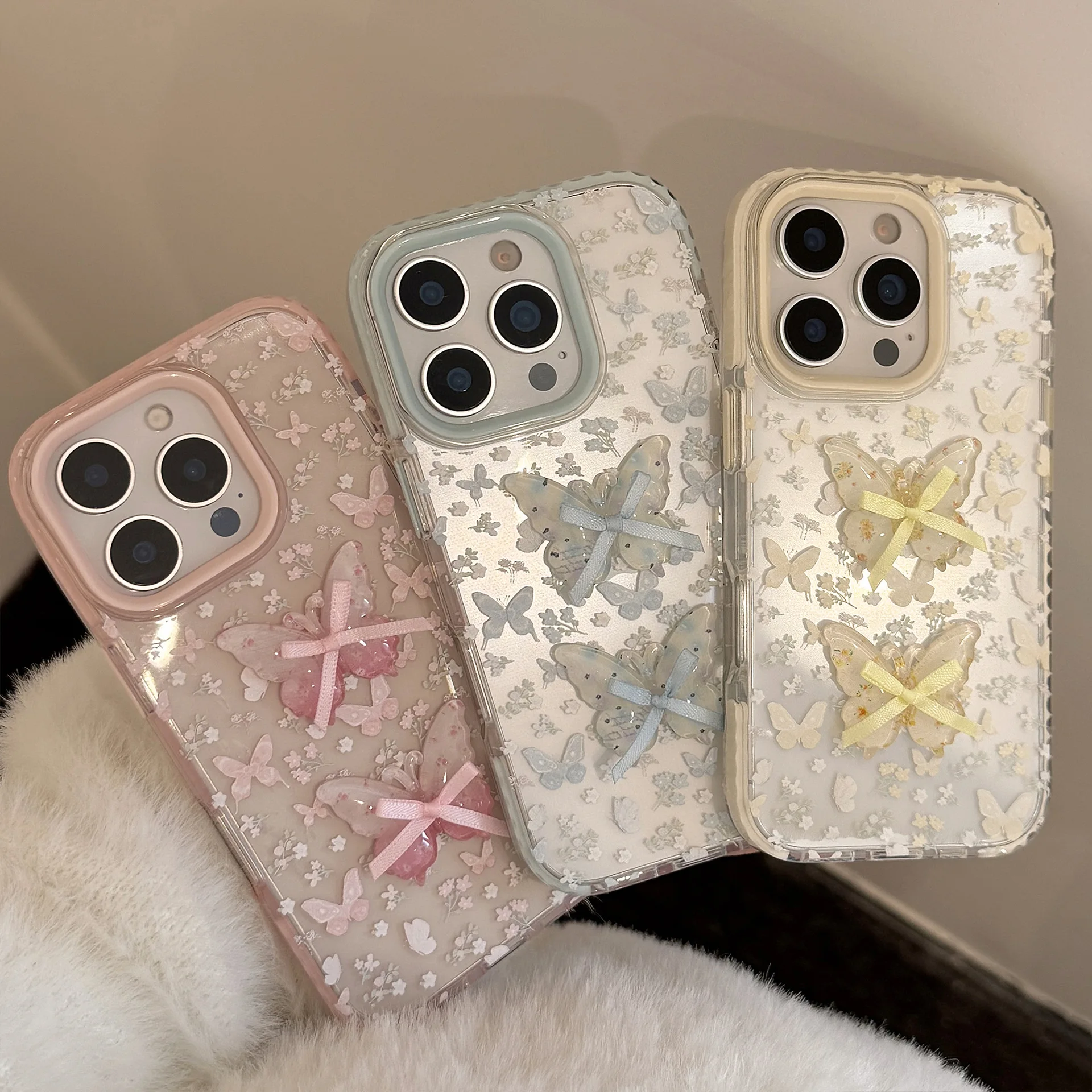 Koreanische Vollbild-Blumen, 3D-Schmetterlings-Bowknot-weiche Handyhülle für iPhone 17, 16, 15, 14, 13, 12, Pro Max 11, klare, stoßfeste Abdeckung