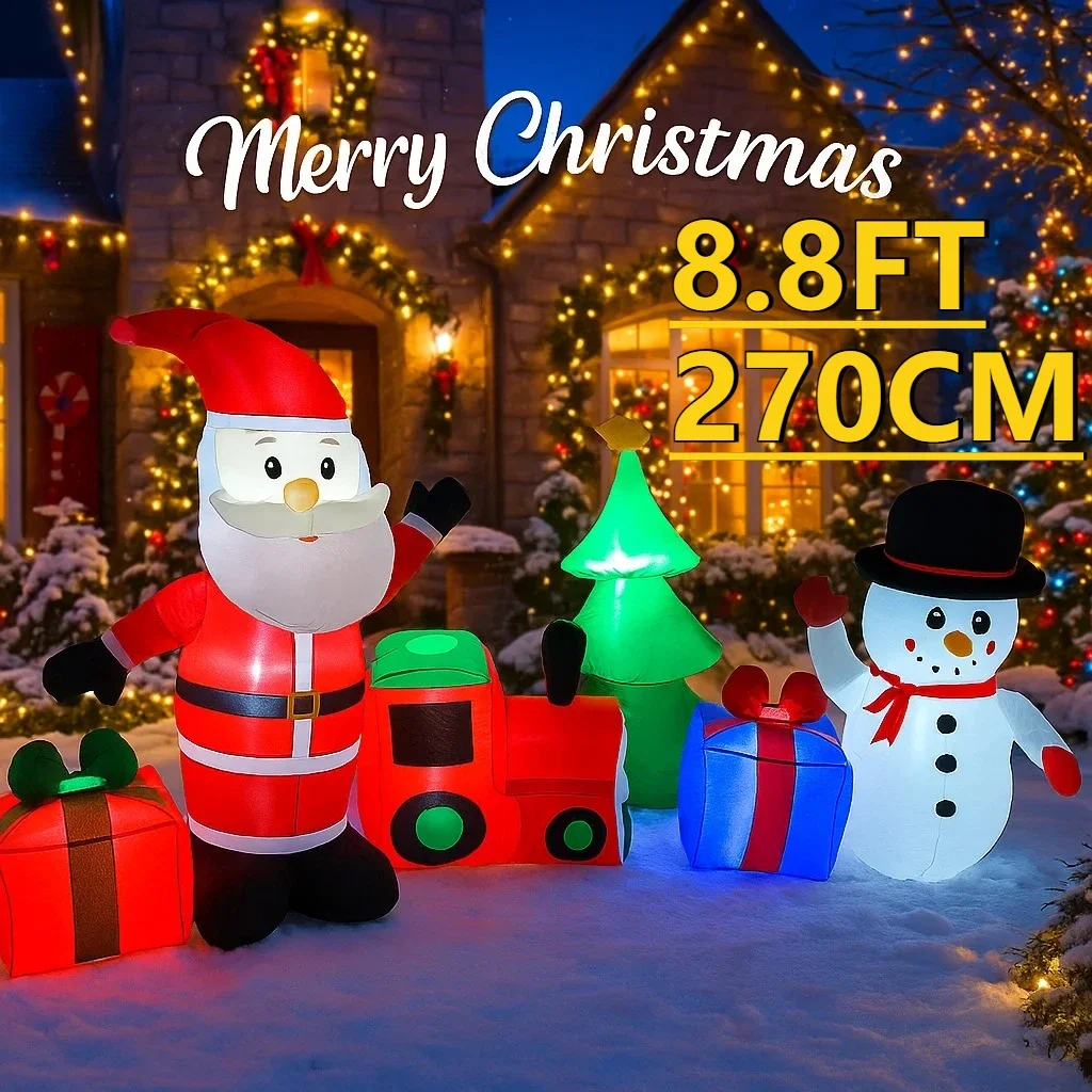 8,8 FT LED Aufblasbare Weihnachten Hof Dekor Set Santa Baum Schneemann Zug Weihnachten Dekorationen Urlaub Liefert Hause Ornamente Geschenke Spielzeug