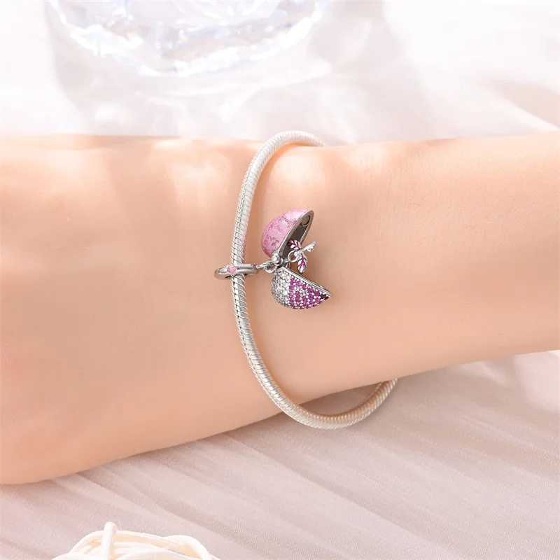 925 Sterling Silver Butterfly Dragonfly Flower Pink Zircon Themed Sweet Charms Beads Fit Pandora Original Bracelets DIY Jewelry