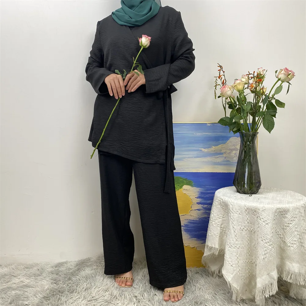 Modest Muslim Women Kimono Lace Up Tops Pant 2 Piece Set Matching Suit Dubai Turkey Kaftan Femme Musulmans Jalabiya Islam Outfit