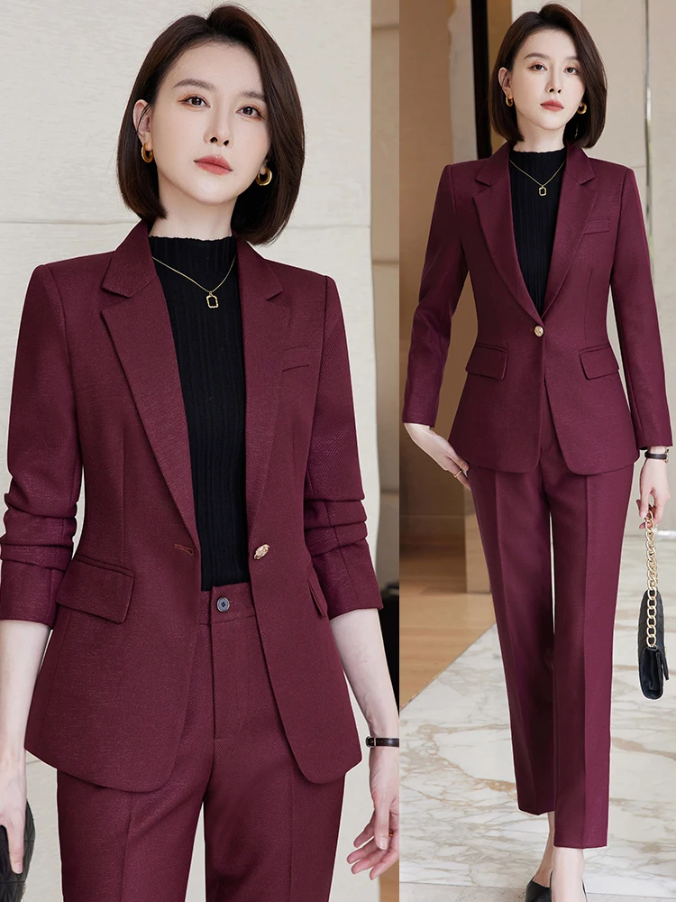 

Wine Red Suit Jacket Women's Casual Fashion Workwear Set High-End Feel Spring Autumn New Style Commute Windbreaker Button Detail