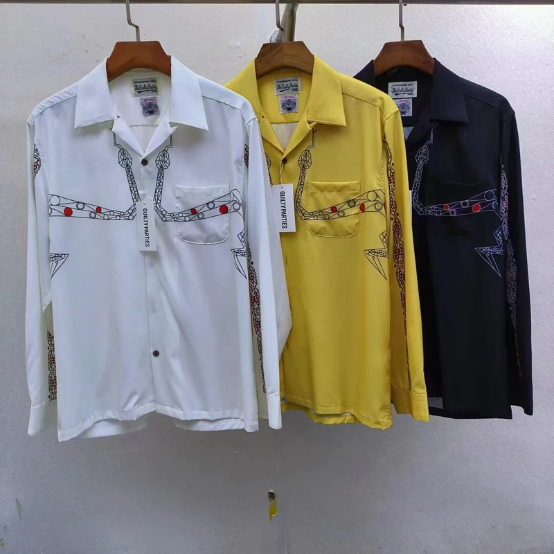 

Sway Snake Print Wacko Maria Tiger Tag Shirts Men Women Black White Yellow Long Sleeve Hawaii Holiday Loose Shirt Clothes