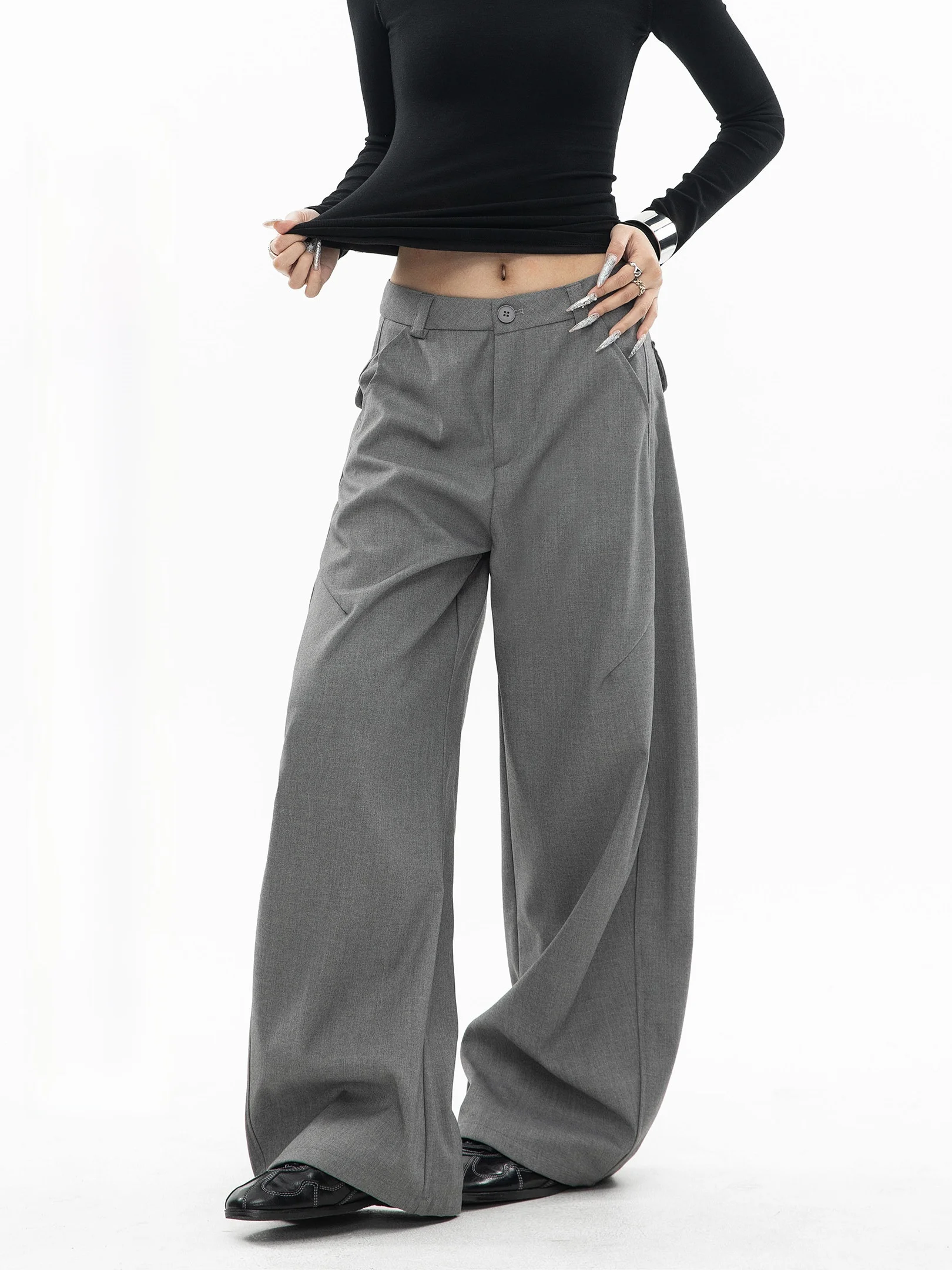 

Свободные прямые брюки в американском стиле, повседневные женские широкие брюки, спортивный костюм, серые брюки с естественной талией, застежка на пуговицах