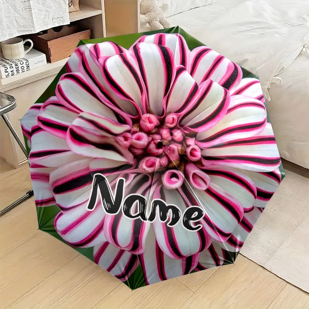 Custom Name Umbrella, Pink and White Striped Flower Pattern Umbrella Design Folding Umbrella for Sunny and Rainy,Gift