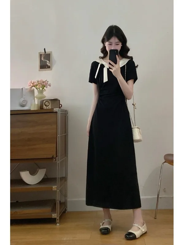 

plus Size Hepburn Style Color Block Waist Cinching Summer New A-Line Dress Women's Fashion Korean Version High Waist Cotton D...
