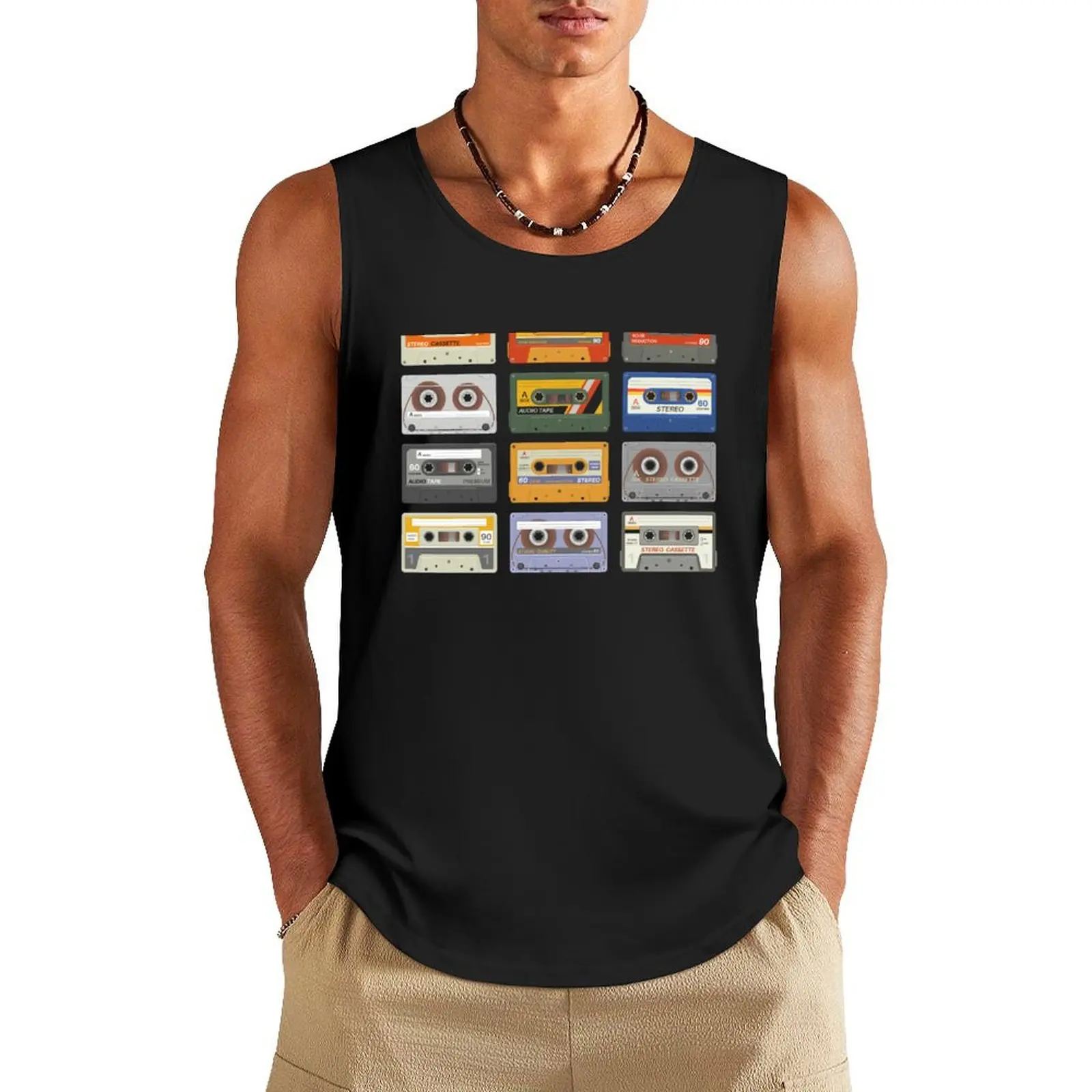 

Retro Cassette Tapes Black Background Tank Top gym accessories man summer 2025 sports vest bodybuilding t shirt