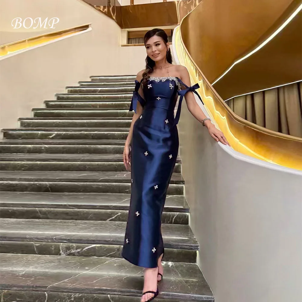 

BOMP Элегантные вечерние платья с бисером и открытыми плечами, прямые до щиколотки, темно-синее атласное свадебное платье по индивидуальному заказу, изысканное