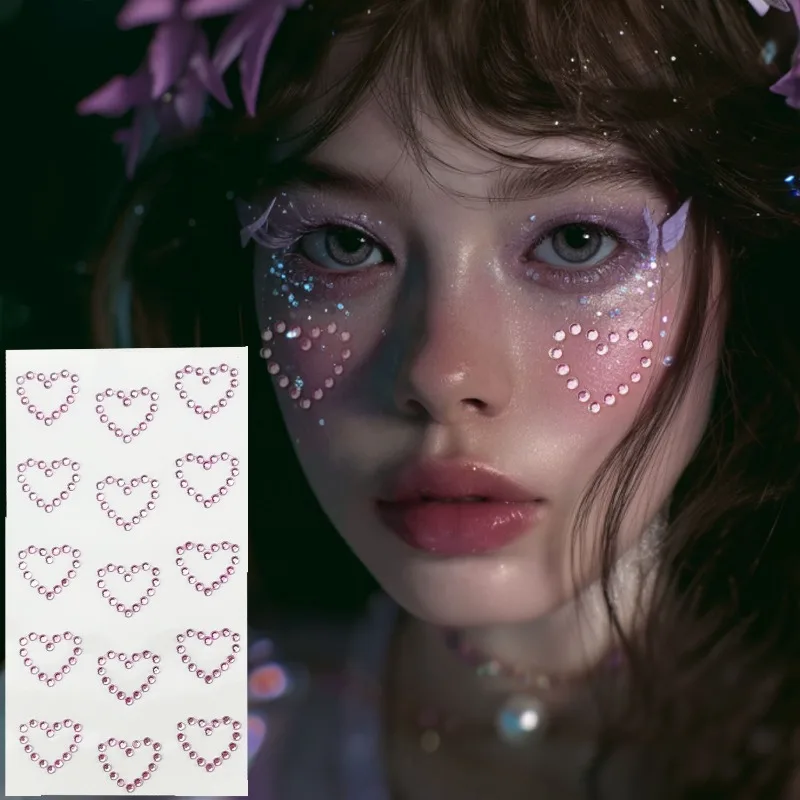 

Self Adhesive Acrylic Rhinestone Heart Face Stickers for Concert DIY Makeup Non Toxic Skin Friendly Sparkle Daily Party Use