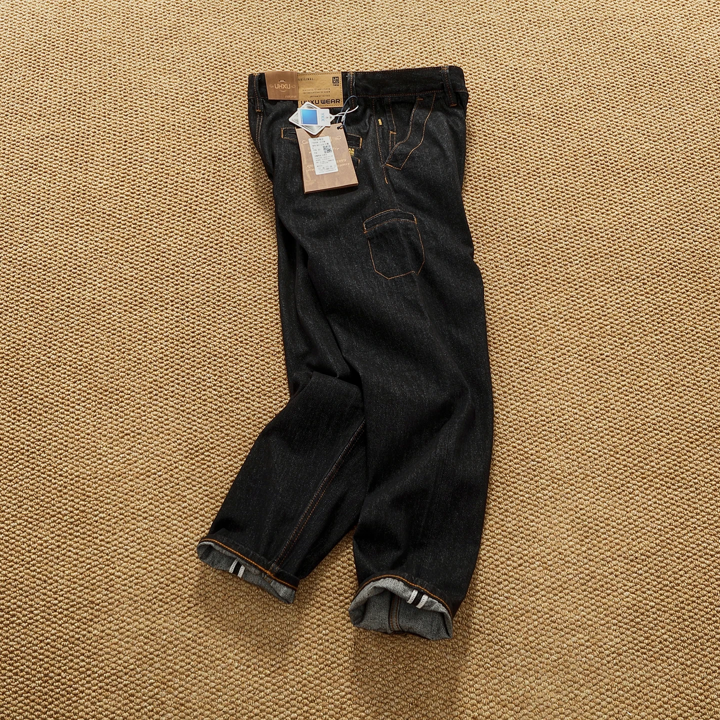 

Amekaji Men's Heavyweight Permanent Black Dye Jeans - Loose Straight Tapered Leg Workwear Denim Pants Autumn Winter