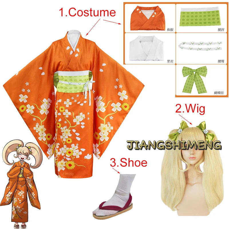 

Anime Danganronpa Saionji Hiyoko Cosplay Costume Women's Festival Kimono Double Ponytail Wig Bow Headdress