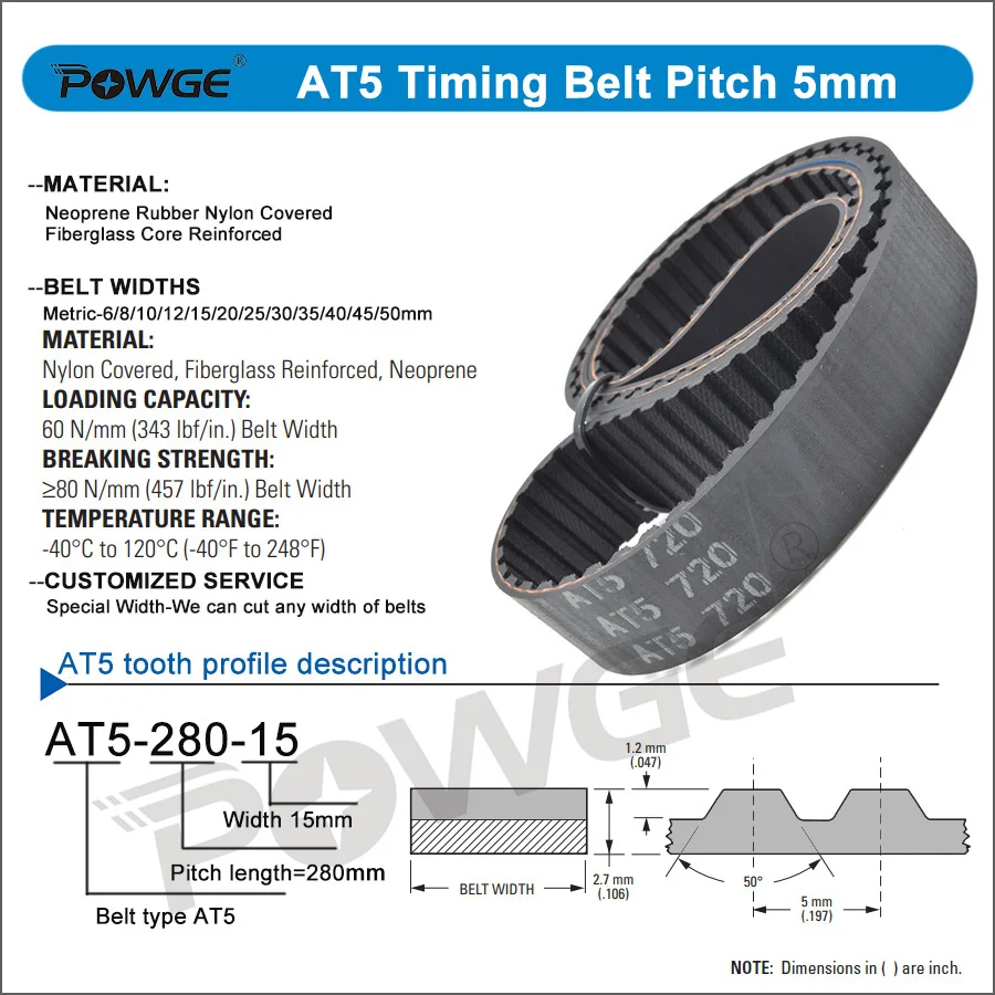 POWGE 2PCS Trapezoid AT5 Timing belt Lp=220 280 300 305 320 330 340 360 375 390 410 420 450 455 480 500 Width 6-50mm Rubber