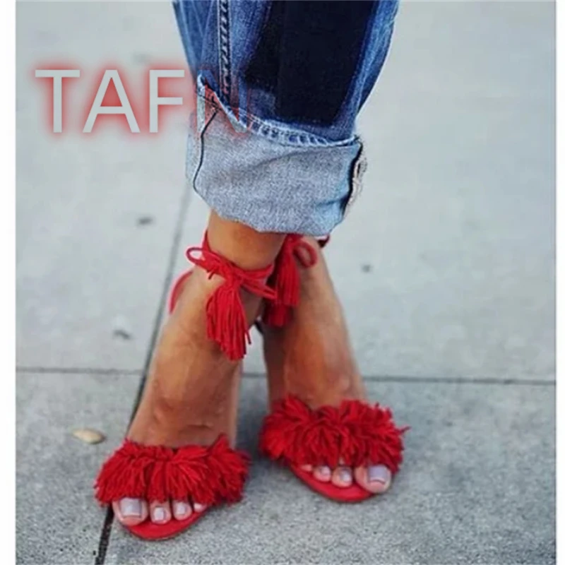 

Red Fringe Sexy Party Sandals Round Toe Stiletto Ankle Strap Slingback Sandals Women Fashion Dress Shoes Spicy Girl Summer Trend