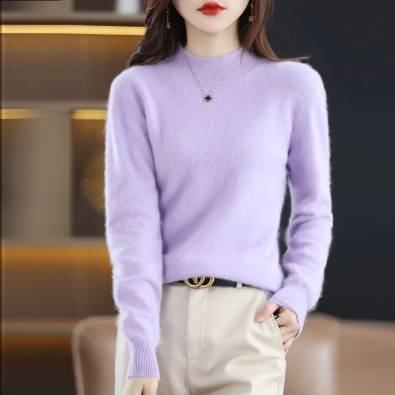 

Seamless Women's Pullover Sweater Mink Cashmere Knitted Half High Neck Long Sleeve Slim Fit Top Autumn/Winter New Korean Edition