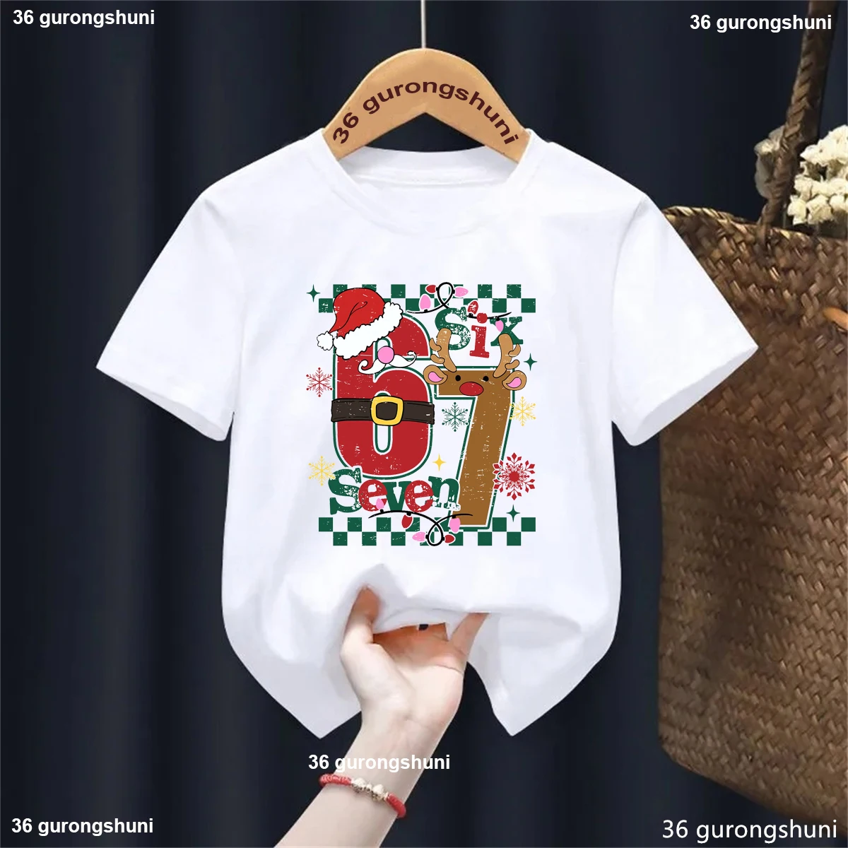 

Reindeer Xmas Gift Shirt Retro Christmas Six Seven 67 Meme Printed T Shirt Girls/Boys Children'S Clothing Short Sleeve Tops
