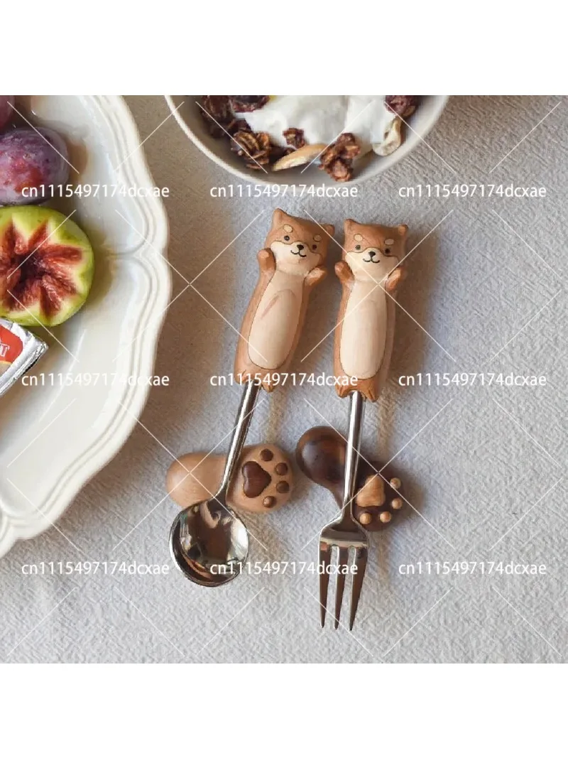 Children's Cute Cartoon Rice Spoon and Fork Set, Salad Pasta Dessert Solid Wood Utensils