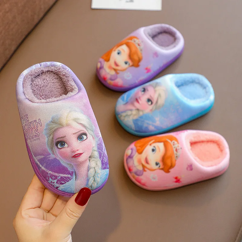 Disney Children\'s Cotton Slippers Frozen Anti Slip Warm Cartoon Priness Winter Home Floor Girls\' Parent-child Baby Slippers Size