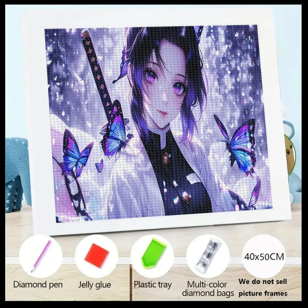 

1 шт. 5D комплект алмазной живописи девушка в стиле аниме с короткими темными волосами фиолетовые глаза голубые бабочки катана в снежном фиолетовом фоне, сделай сам