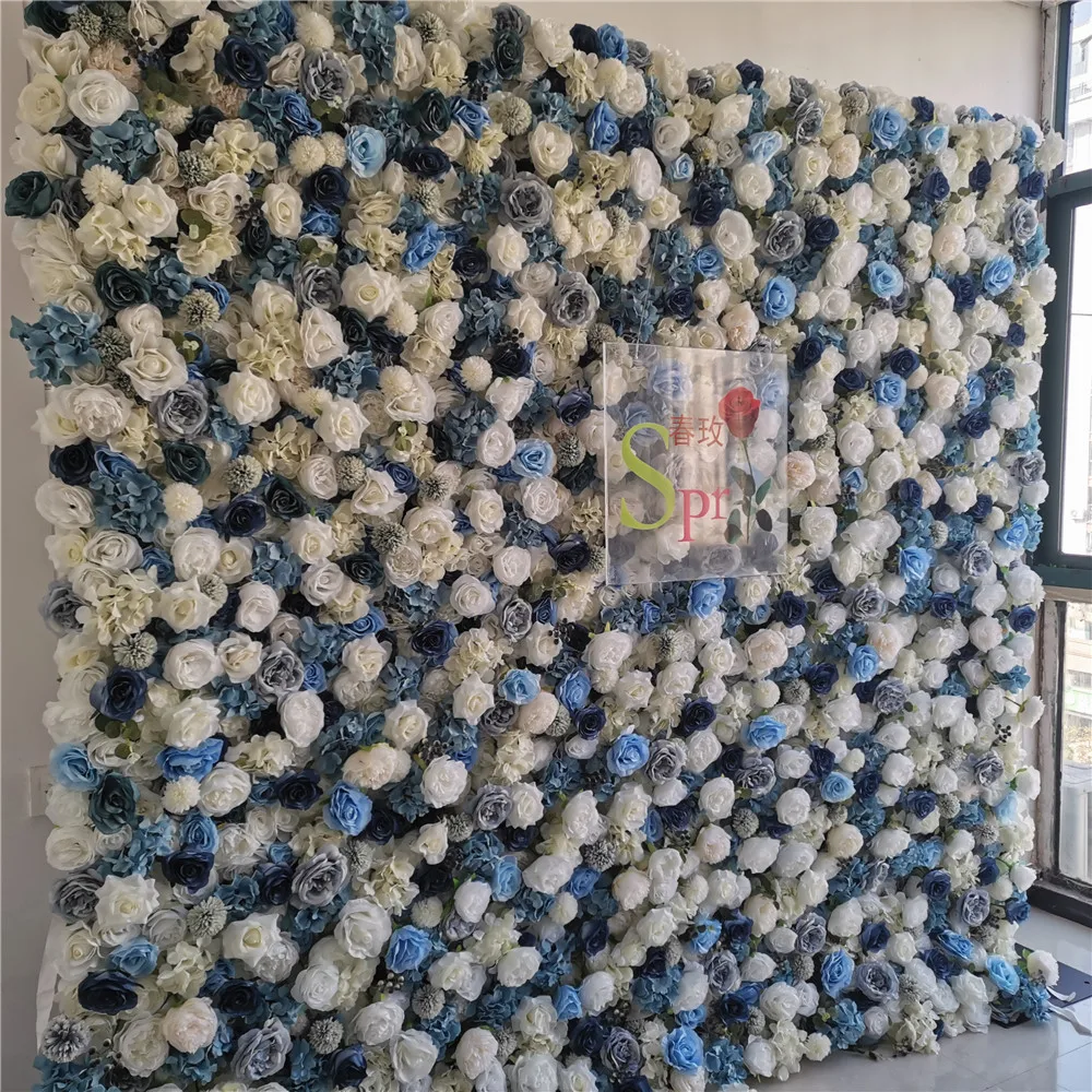 

SPR white blue 3D Rolled Up Home Decoration or Wedding Party Ceiling Decorative Flowers Green Leaves Plastic Plant Wall