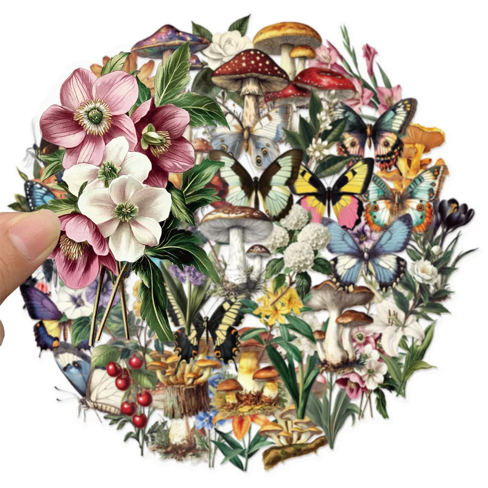 50PCS Retro Mushroom Plant Butterfly PET Creative Speaker Phone Case Notebook Skateboard Motorcycle Sticker