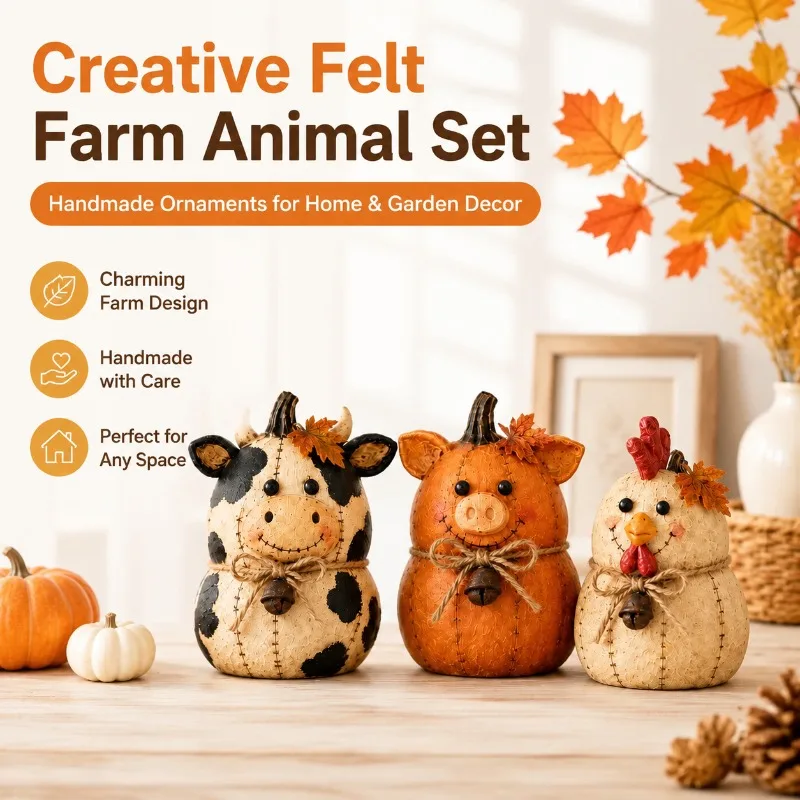 Creative Felt Rooster and Cow Figurines Set, Cute Farm Animal Statues for Home Garden Patio  Decor, Handmade  Ornaments