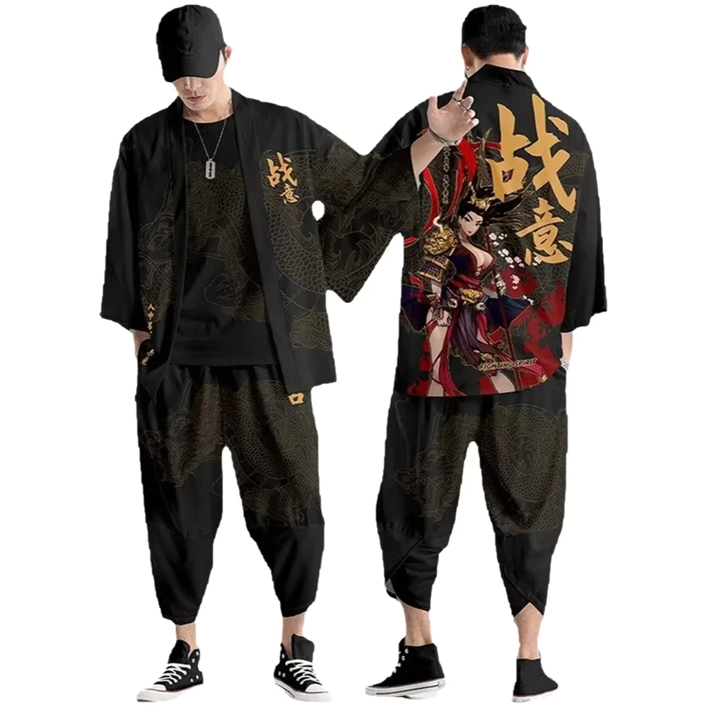 Two-piece Suit Invincible Demon Japanese Style Fashion Kimono And Pants Set Men Cardigan Blouse Haori Obi Asian Clothes