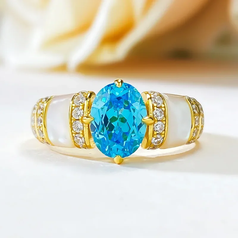 Natural Beige Shell Paraiba 6 * 8mm European and American Style High end Sense S925 Silver Ring