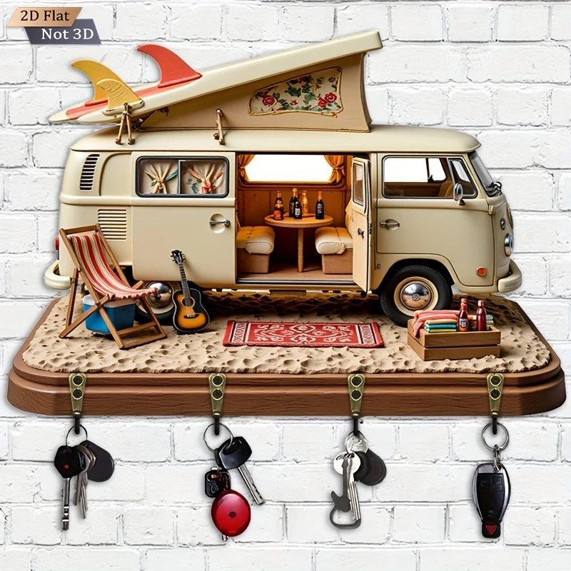 2D Retro Camping Car 12in Wooden Key Hook Multi-Functional Decorative Key Holder for All Seasons Home Decor Rural Style Pendant