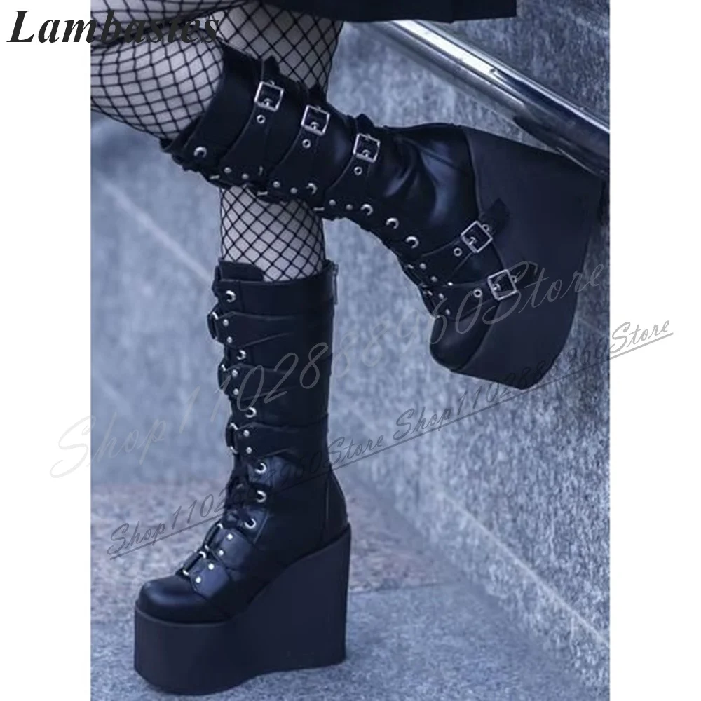 

Cross Tied Mid Calf Black Buckle Strap Platform Boots Wedges Heel Shoes For Women Back Zipper Round Toe 2024 Zapatillas Mujer