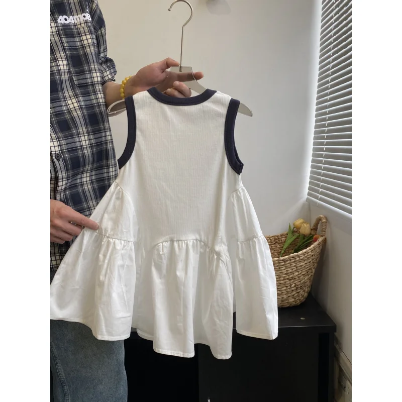 

Forest Style Children's Clothing2025Spring Summer Girls' Dress Summer White Casual Patchwork StyleTColor-Block Sleeveless Dress