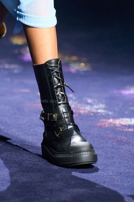 

Design Round Toe Lace up Mid-calf Boots Women Buckle Dress Leather Gladiator Boots Fashion Show 2024 Lady Shoes