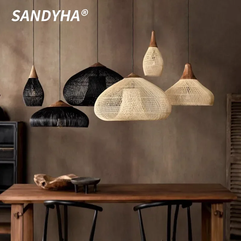 

Retro Handmade Rattan Pendant Lamps Wabi Sabi Ceiling Chandeliers For Kitchen Island Dining Table Living Room Led Hanging Lamps