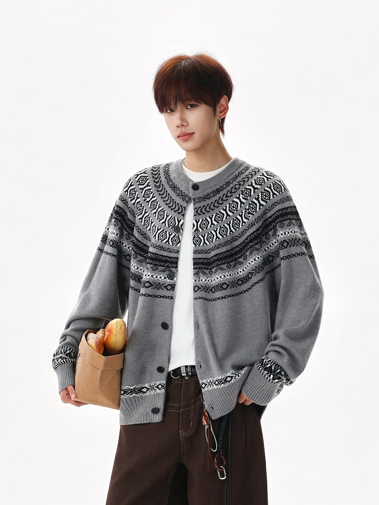 

Retro American Fair Isle Knitwear Cardigan Casual Loose Men's Women's Autumn Winter Sweater Soft Polyester Nylon Blend