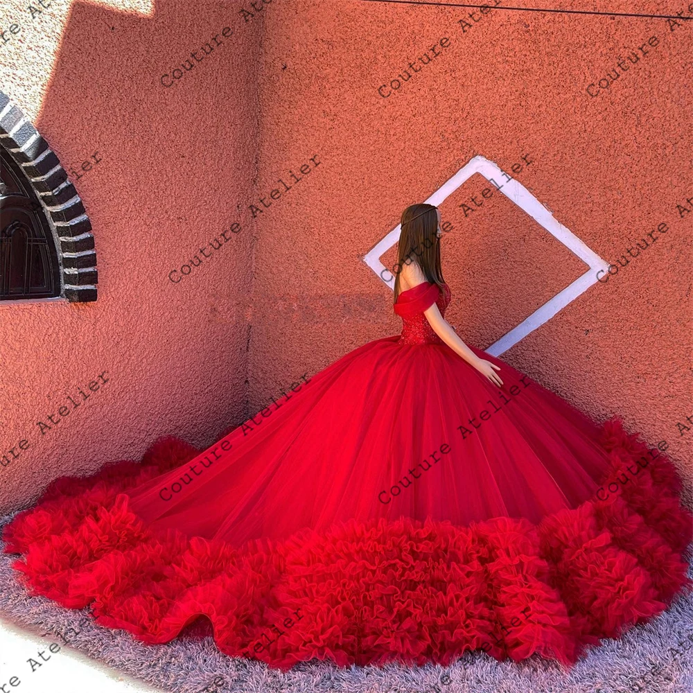 Vestidos de quinceañera fruncidos de tul rojo, vestido de baile sin hombros, vestido de cumpleaños con cordones, dulces 16 vestidos, vestidos de cuentas, 15