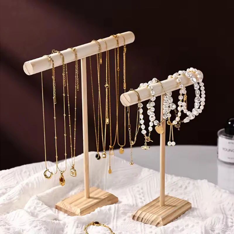 Solid Wood T‑Bar Jewelry Display Stand Desktop Holder For Necklaces Bangles Beaded Bracelets Retail Shop Shooting Display Prop
