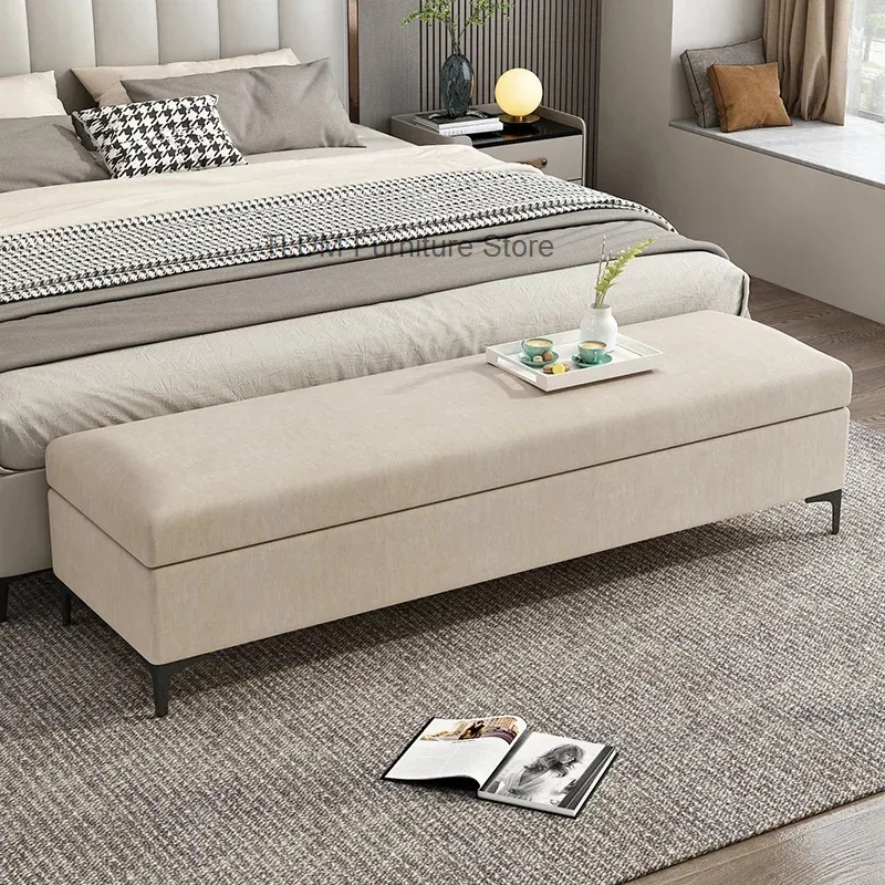 With Stool CreativitySimple Metal Minimalist Built-in Storage Fabric Sleek Storage Legs Accent Ottoman Bench For Living Room Bed