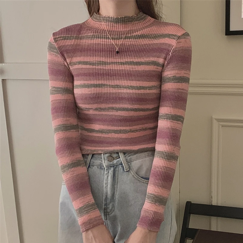 Striped Sweater For Women Autumn Winter Half High Collar Pullovers Knitted Tops Female Long Sleeve Casual Slim Jumper Sweaters